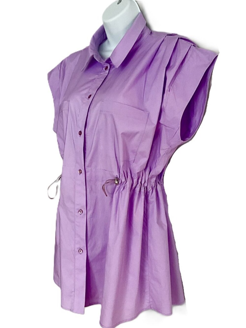 Berna Lavender Cotton Shirt Drawstring Waist Button Front Size L Italy